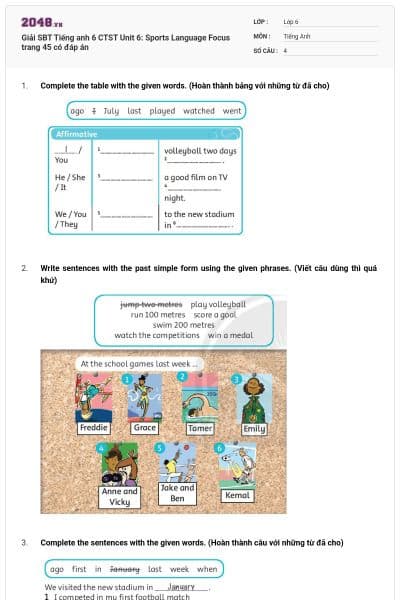 Giải SBT Tiếng anh 6 CTST Unit 6: Sports Language Focus trang 45 có đáp án