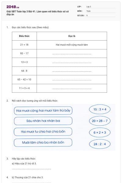 Giải SBT Toán lớp 3 Bài 41. Làm quen với biểu thức số có đáp án