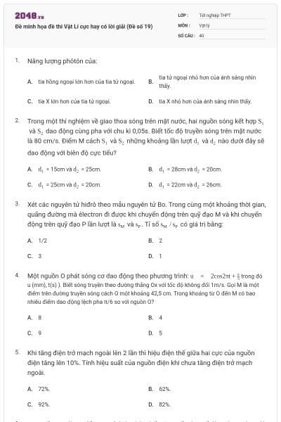 Đề minh họa đề thi Vật Lí cực hay có lời giải (Đề số 19)