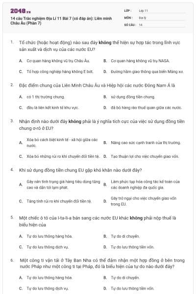 14 câu  Trắc nghiệm Địa Lí 11 Bài 7 (có đáp án): Liên minh Châu Âu (Phần 7)
