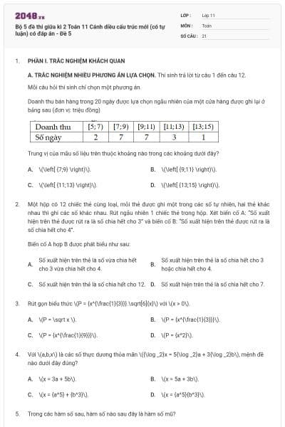Bộ 5 đề thi giữa kì 2 Toán 11 Cánh diều cấu trúc mới (có tự luận) có đáp án - Đề 5