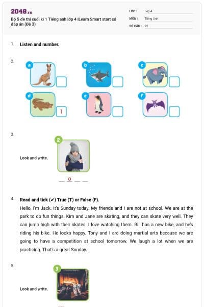 Bộ 5 đề thi cuối kì 1 Tiếng anh lớp 4 iLearn Smart start có đáp án (Đề 3)