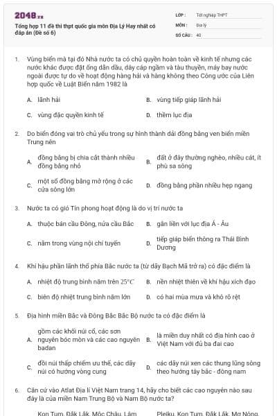 Tổng hợp 11 đề thi thpt quốc gia môn Địa Lý Hay nhất có đáp án (Đề số 6)
