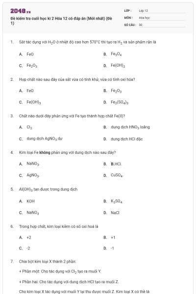 Đề kiểm tra cuối học kì 2 Hóa 12 có đáp án (Mới nhất) (Đề 1)