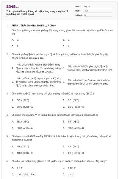 Trắc nghiệm Đường thẳng và mặt phẳng song song lớp 11 (có đúng sai, trả lời ngắn)