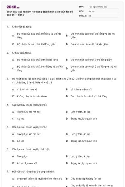 300+ câu trắc nghiệm Hệ thống điều khiển điện thủy khí có đáp án - Phần 9