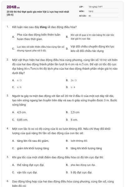 20 Đề thi thử thpt quốc gia môn Vật Lí cực hay mới nhất (đề 6)