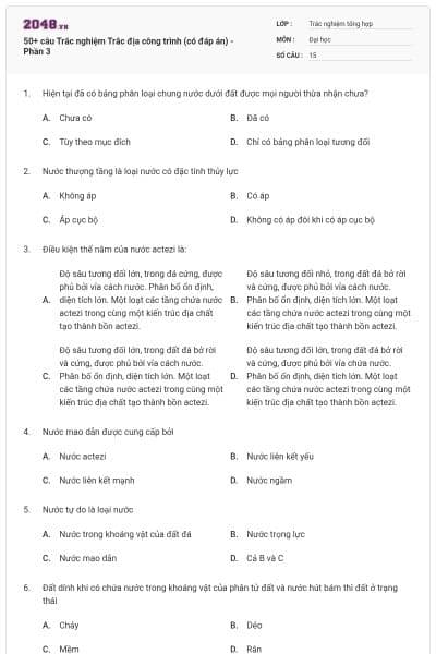 50+ câu Trắc nghiệm Trắc địa công trình (có đáp án) - Phần 3