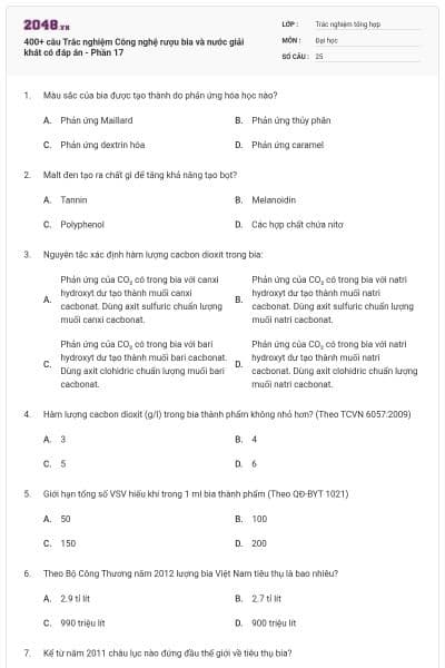 400+ câu Trắc nghiệm Công nghệ rượu bia và nước giải khát có đáp án - Phần 17