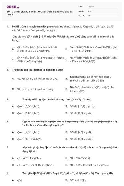 Bộ 10 đề thi giữa kì 1 Toán 10 Chân trời sáng tạo có đáp án - Đề 1
