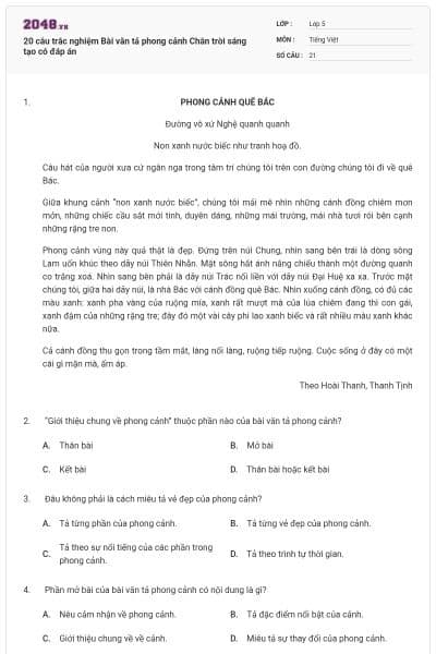 20 câu trắc nghiệm Bài văn tả phong cảnh Chân trời sáng tạo có đáp án