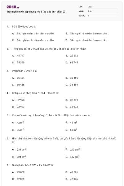 Trắc nghiệm Ôn tập chung lớp 3 (có đáp án - phần 2)