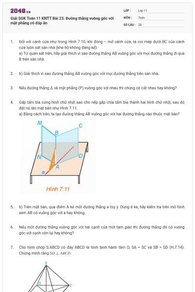 Giải SGK Toán 11 KNTT Bài 23. Đường thẳng vuông góc với mặt phẳng có đáp án