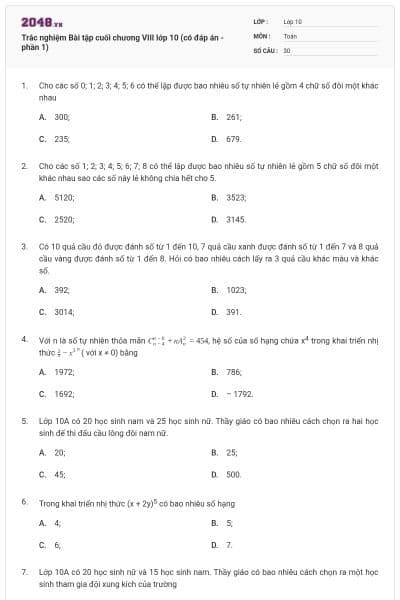 Trắc nghiệm Bài tập cuối chương VIII lớp 10 (có đáp án - phần 1)