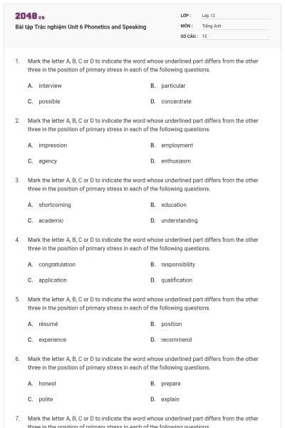 Bài tập Trắc nghiệm Unit 6 Phonetics and Speaking