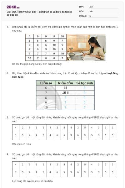 Giải SGK Toán 9 CTST Bài 1. Bảng tần số và biểu đồ tần số có đáp án