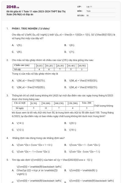 Đề thi giữa kì 1 Toán 11 năm 2023-2024 THPT Bùi Thị Xuân (Hà Nội) có đáp án