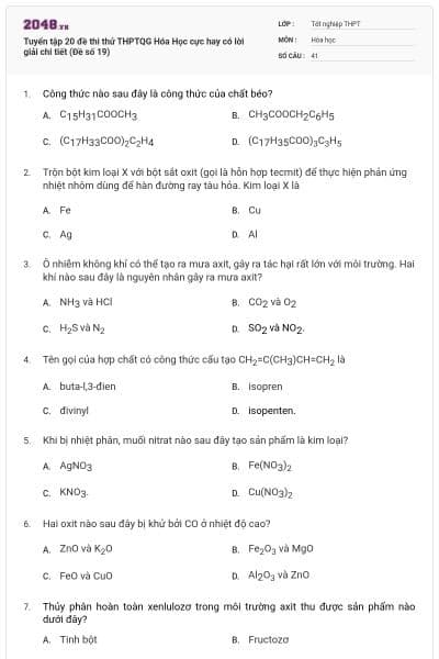 Tuyển tập 20 đề thi thử THPTQG Hóa Học cực hay có lời giải chi tiết (Đề số 19)