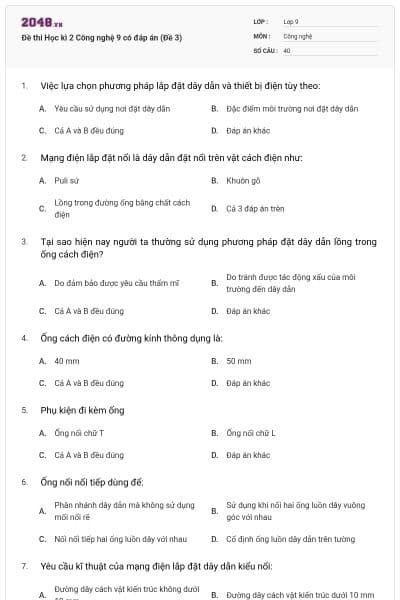 Đề thi Học kì 2 Công nghệ 9 có đáp án (Đề 3)