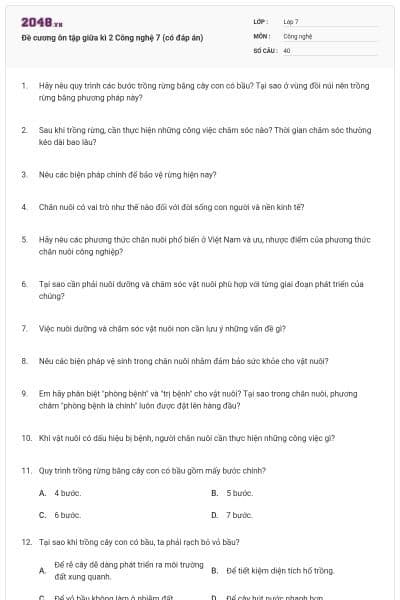 Đề cương ôn tập giữa kì 2 Công nghệ 7 (có đáp án)