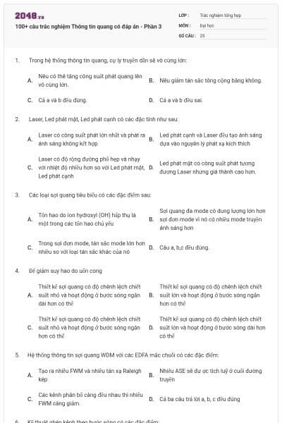 100+ câu trắc nghiệm Thông tin quang có đáp án - Phần 3
