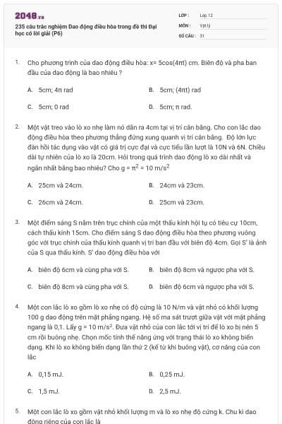 235 câu trắc nghiệm Dao động điều hòa trong đề thi Đại học có lời giải (P6)