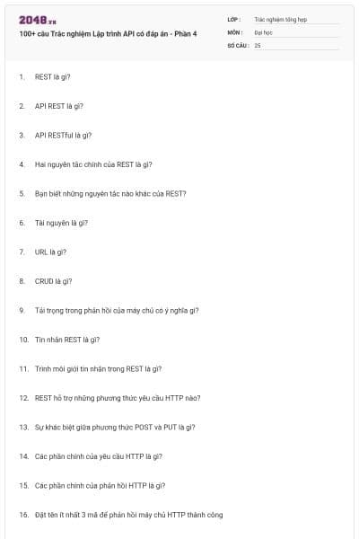 100+ câu Trắc nghiệm Lập trình API có đáp án - Phần 4