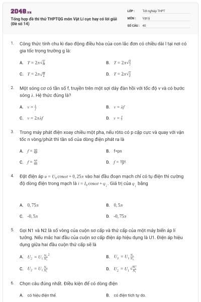 Tổng hợp đề thi thử THPTQG môn Vật Lí cực hay có lời giải (Đề số 14)