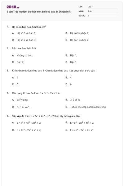 5 câu Trắc nghiệm Đa thức một biến có đáp án (Nhận biết)