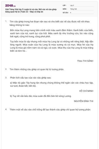 Giải Tiếng Việt lớp 5 Luyện từ và câu: Nối các vế câu ghép bằng quan hệ từ (Tuần 22 - tiếp) có đáp án