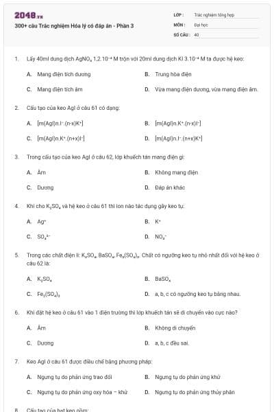 300+ câu Trắc nghiệm Hóa lý có đáp án - Phần 3