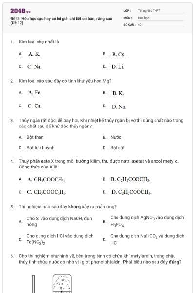 Đề thi Hóa học cực hay có lời giải chi tiết cơ bản, nâng cao (Đề 12)