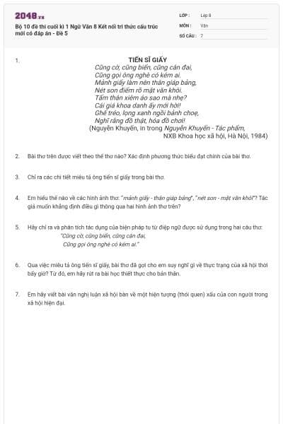 Bộ 10 đề thi cuối kì 1 Ngữ Văn 8 Kết nối tri thức cấu trúc mới có đáp án - Đề 5