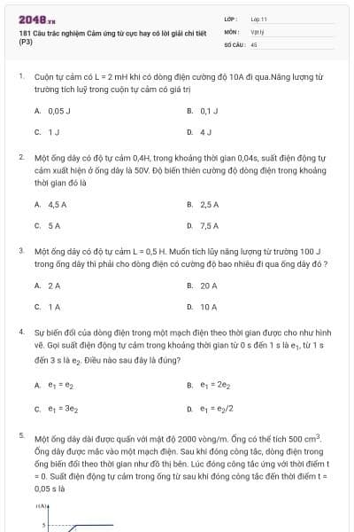 181 Câu trắc nghiệm Cảm ứng từ cực hay có lời giải chi tiết (P3)