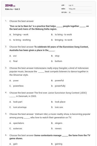 Kiểm tra – Unit 3