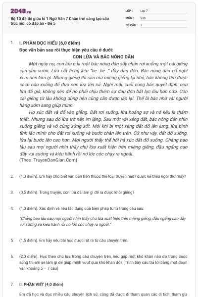 Bộ 10 đề thi giữa kì 1 Ngữ Văn 7 Chân trời sáng tạo cấu trúc mới có đáp án - Đề 5