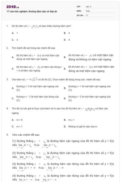 17 câu trắc nghiệm: Đường tiệm cận có đáp án