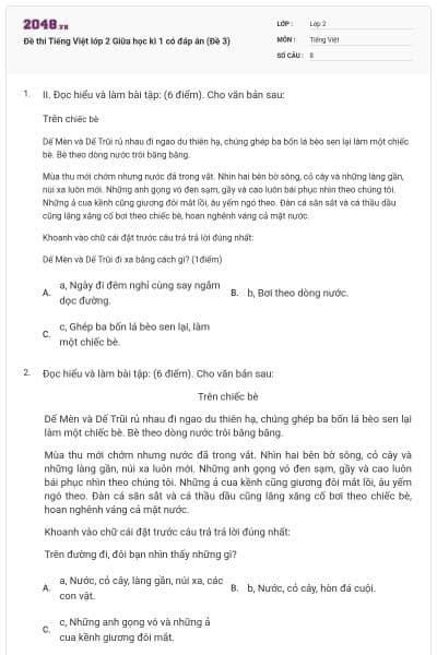 Đề thi Tiếng Việt lớp 2 Giữa học kì 1 có đáp án (Đề 3)