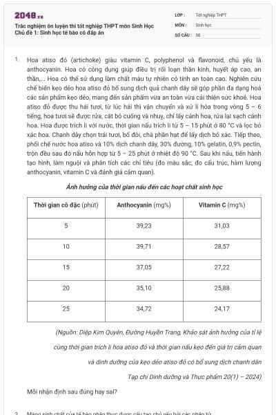Trắc nghiệm ôn luyện thi tốt nghiệp THPT môn Sinh Học Chủ đề 1: Sinh học tế bào có đáp án