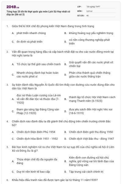 Tổng hợp 20 đề thi thpt quốc gia môn Lịch Sử Hay nhất có đáp án (Đề số 3)
