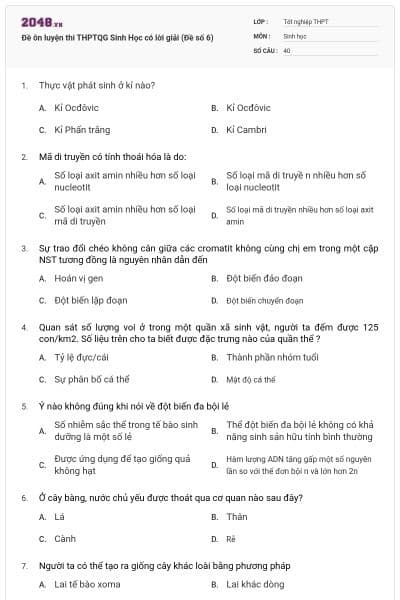 Đề ôn luyện thi THPTQG Sinh Học có lời giải (Đề số 6)