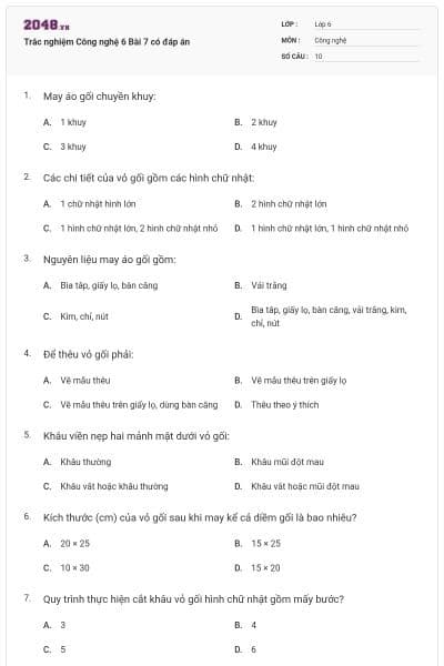Trắc nghiệm Công nghệ 6 Bài 7 có đáp án