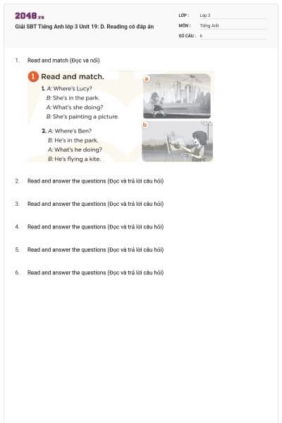 Giải SBT Tiếng Anh lớp 3 Unit 19: D. Reading có đáp án
