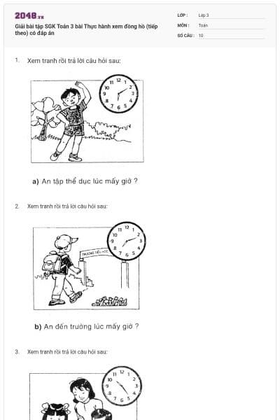 Giải bài tập SGK Toán 3 bài Thực hành xem đồng hồ (tiếp theo) có đáp án