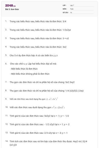 Bài 3: Đơn thức