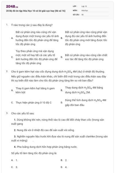 20 Bộ đề ôn tập Hóa Học 10 có lời giải cực hay (Đề số 16)
