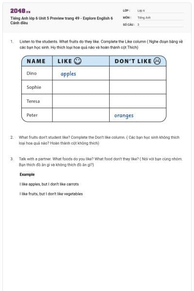Tiếng Anh lớp 6 Unit 5 Preview trang 49 - Explore English 6 Cánh diều