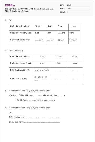 Giải VBT Toán lớp 3 CTST Bài 34. Diện tích hình chữ nhật Phần 2. Luyện tập có đáp án
