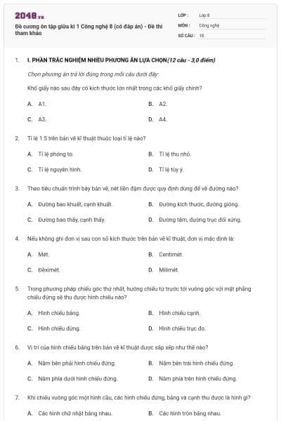Đề cương ôn tập giữa kì 1 Công nghệ 8 (có đáp án) - Đề thi tham khảo