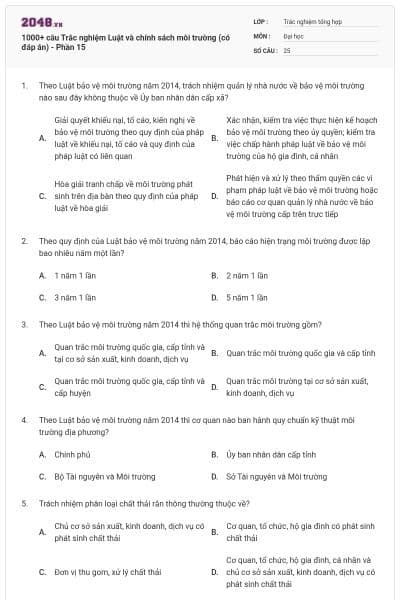1000+ câu Trắc nghiệm Luật và chính sách môi trường (có đáp án) - Phần 15